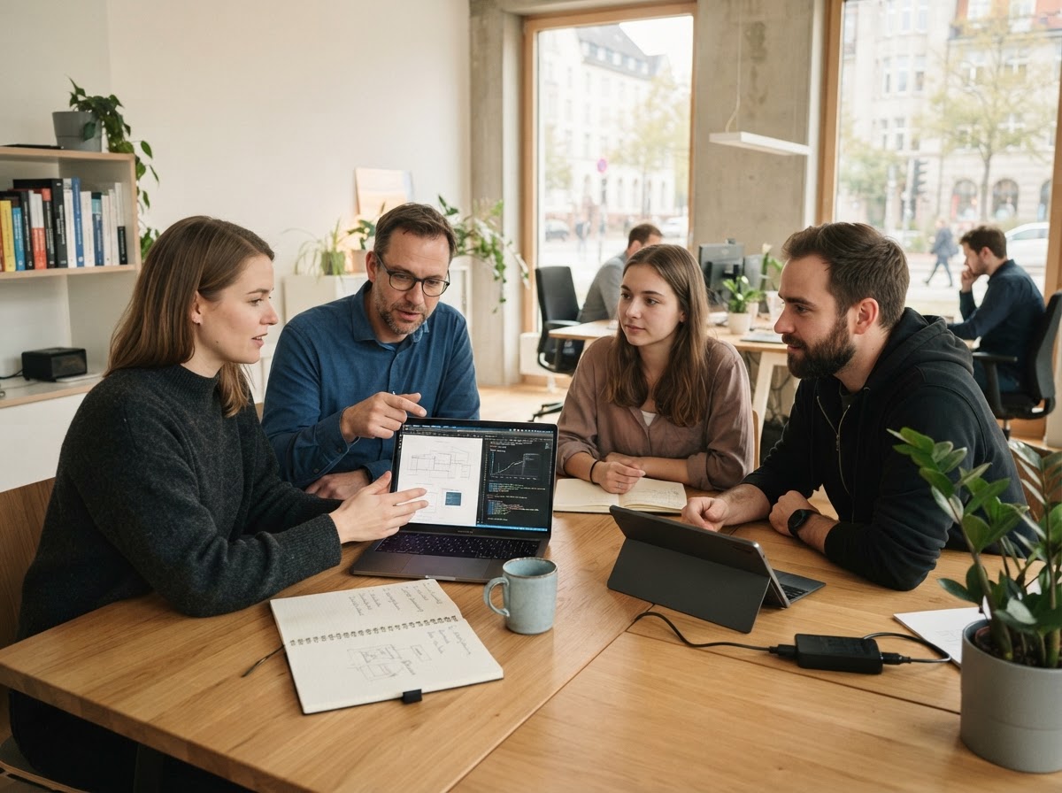 Phaunel Cevryx team reviewing portfolio data analysis on screen